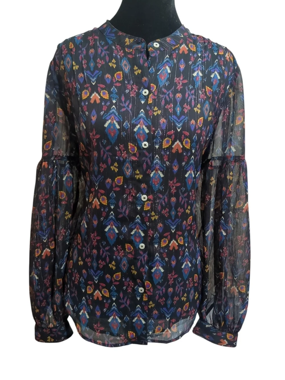 UNTUCKit Women's Georgette Sheer Bishop Sleeve Lorelei Shirt Ikat Inspired Boho